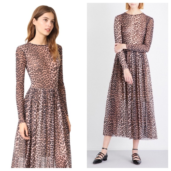 Ganni Leopard Tilden Long Sleeve Maxi Dress Sz 36 Small - Picture 13 of 14